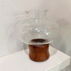 Mid Century Modern Glass Hurricane Lamp Wood Base Candle Holder Vase